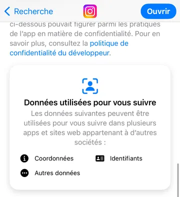 Illustration de AppTrackingTransparency (ATT) Framework sur l'application Instagra dans l'AppStore
