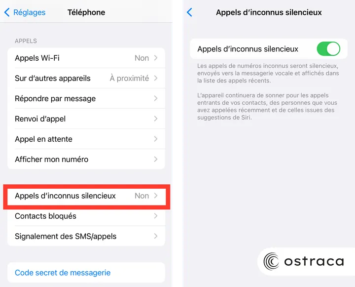 Procédure pour bloquer les appels de numéros inconnus avec le Mode silencieux.