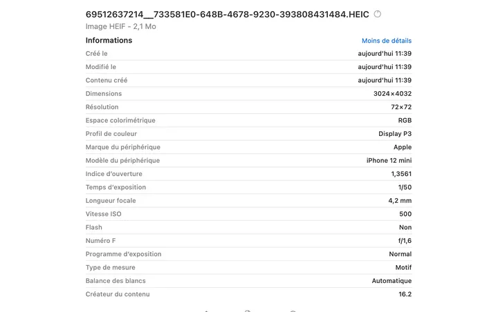 Exemple des métadonnées d'une photos prise avec iPhone
