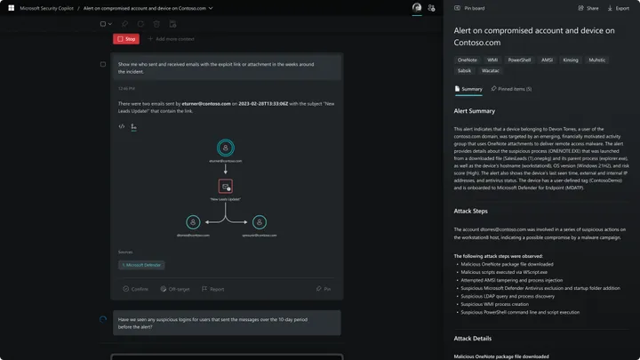 Microsoft Security Copilot - alerte sur un compte et un appareil compromis