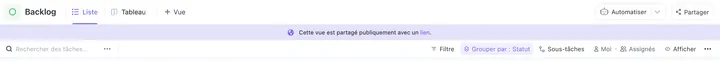 Exemple d'un projet qui est partagé publiquement, une alerte est afichée - Clickup
