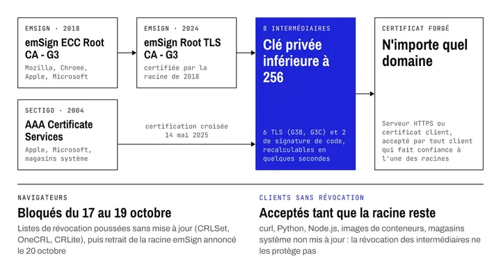 Schéma des deux chaînes de confiance des huit autorités intermédiaires d'eMudhra : l'une par emSign Root TLS CA - G3 et emSign ECC Root CA - G3, l'autre par la racine AAA Certificate Services de Sectigo. Les navigateurs ont bloqué les intermédiaires entre le 17 et le 19 octobre 2026, alors que les clients sans révocation les acceptent tant que la racine reste dans leur magasin
