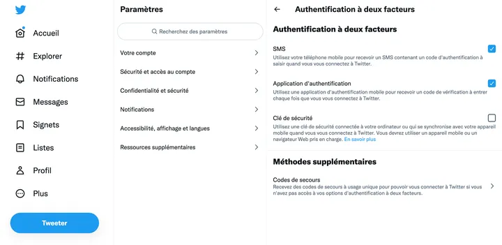 Activation de l'Authentification à deux facteurs dans les Paramètres de Twitter